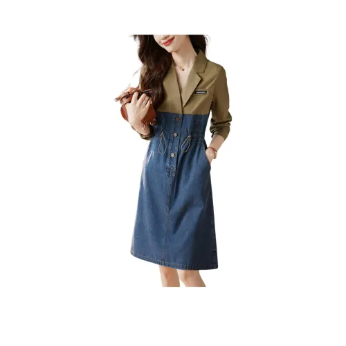 Mo Han Yi Mei Длинный рукав Платье Женское Джинсовый синий и Желтый зеленый