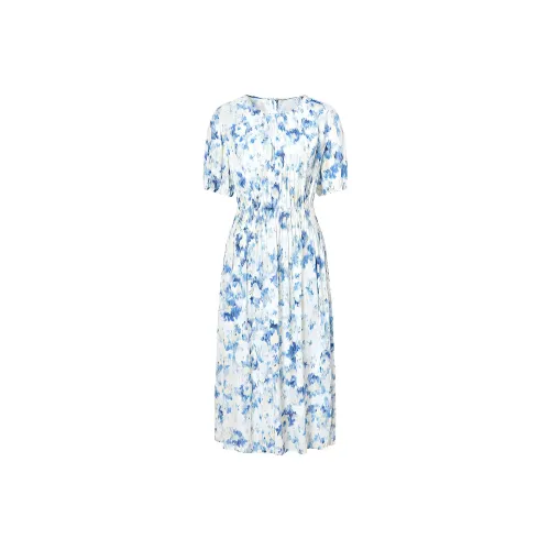 JZ Juzui Короткий рукав Платье Женское с узором Синий