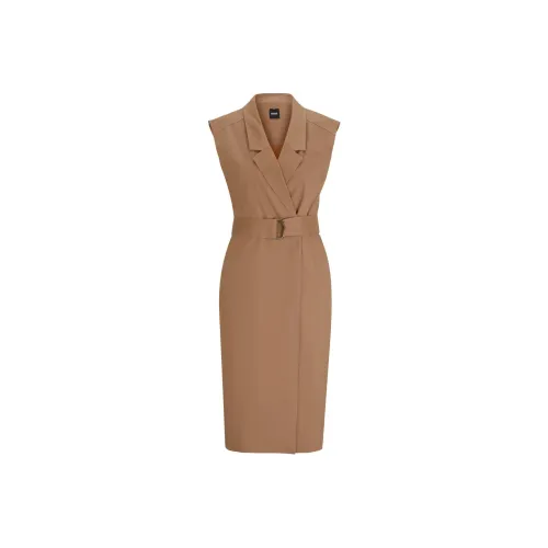 Hugo Boss Belted Wrap платье из смеси льна с коротким рукавом женское светлый янтарный