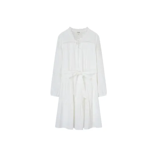 E.land Длинное платье с длинными рукавами женское цвет слоновая кость белый