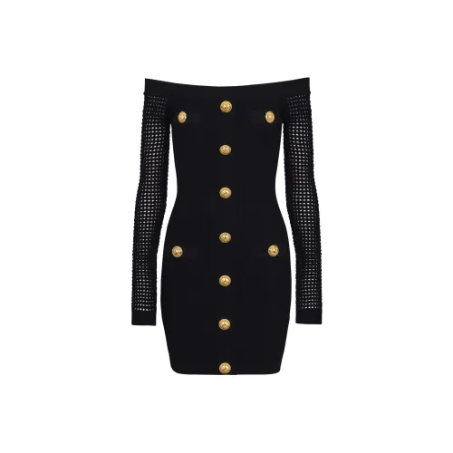 BALMAIN Черное Женское Длинное Платье с Рукавами