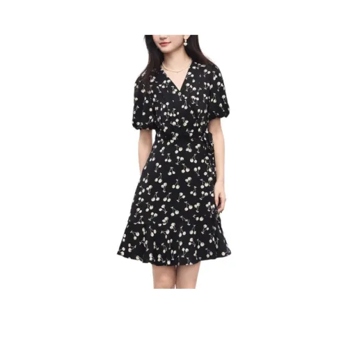 SLLSKY Короткий рукав Платье Женское Черный Стелька Абрикосовый Цветок