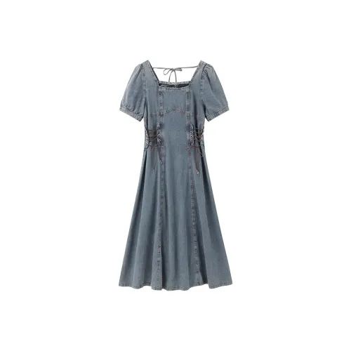 GULIANFEI Короткий рукав платье женское синий длинный