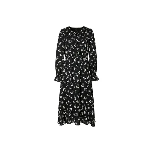 Hopeshow Длинное платье с длинными рукавами женское черное с цветами