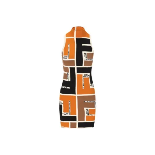 FENDI Без рукавов Платье Женское Черное Оранжевое
