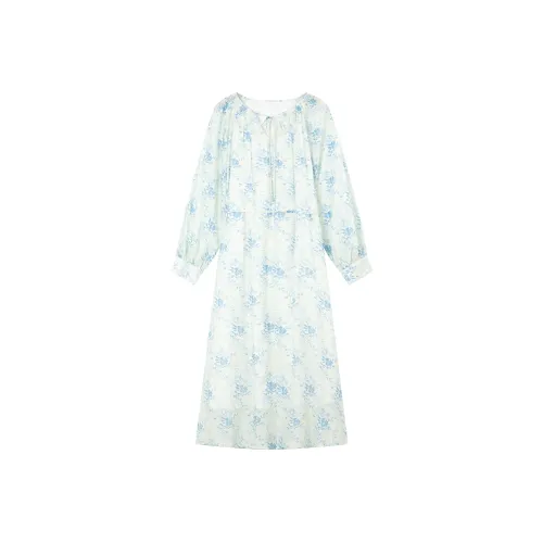 VIMLY Длинное платье с длинными рукавами женское белое с синим цветком