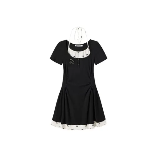 MO VOICE Короткий рукав Платье Женское Черное