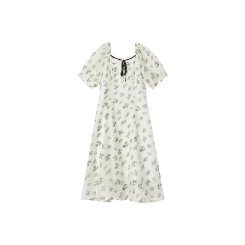 EICHITOO Короткий рукав платье женское цветочный экрю