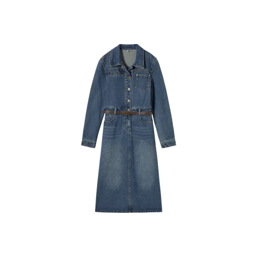 DIALOGUE Длинное Платье с длинными рукавами Женское Джинсовый синий