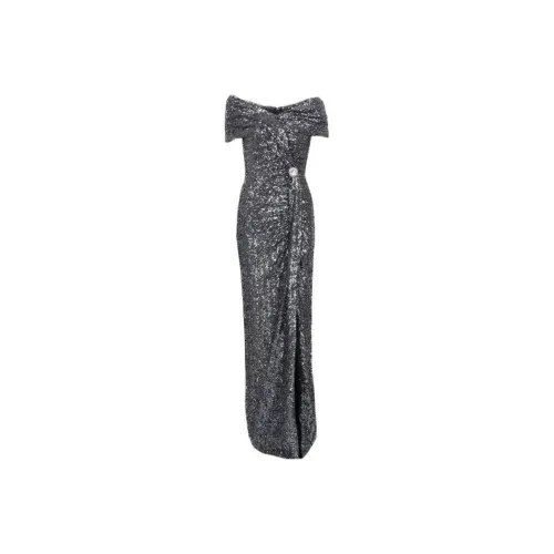 BALMAIN Длинное платье с драпировкой и блестками короткое рукав женское серебряное