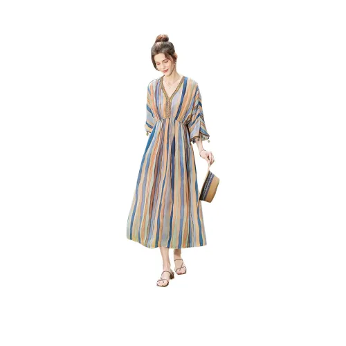 TOUCH Короткий рукав Платье Женское Синие Оранжевые Полосы