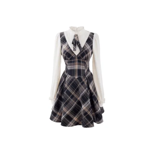 Blovelan Длинное платье с длинными рукавами женское коричневый клетка цветочный