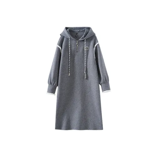 OUNIXUE Длинное платье с длинным рукавом женское серого цвета