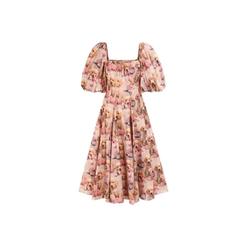 Selkie Коллекция Короткий рукав Платье Женское Милый Золотой ретривер с принтом