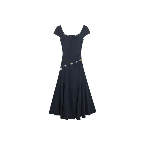 SKYA Короткий рукав Платье Женское Темно-синий + Поясная цепь