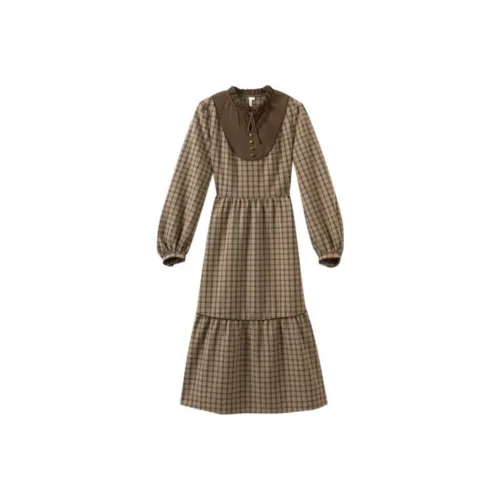 Inman Длинное платье с длинными рукавами женское светлый кофейный в клетку