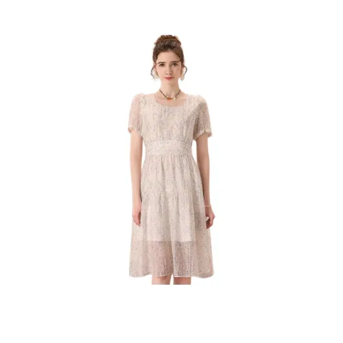 FENHONGMALI Короткий рукав Платье с утяжкой на талии Женское Экрю