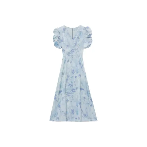 PLANE DRIFT Короткий рукав Платье Женское Без рисунка Синий с принтом