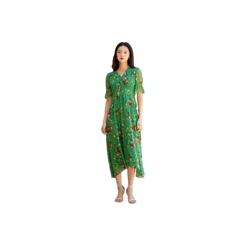 JZ. ANNAKRO Изумрудно-зеленый flower Женские Короткие Платья с Рукавами