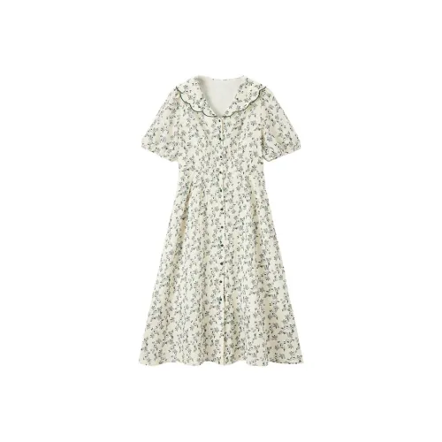 EICHITOO Короткий рукав платье женское средний зеленый узор