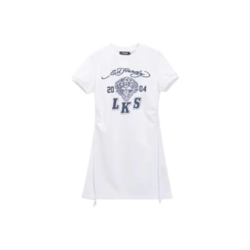 Ed Hardy Белое Женское Короткое Платье с Рукавами