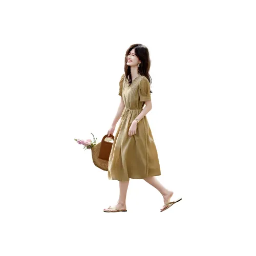 Still Quiet Короткий рукав Платье Женское Хаки зеленый