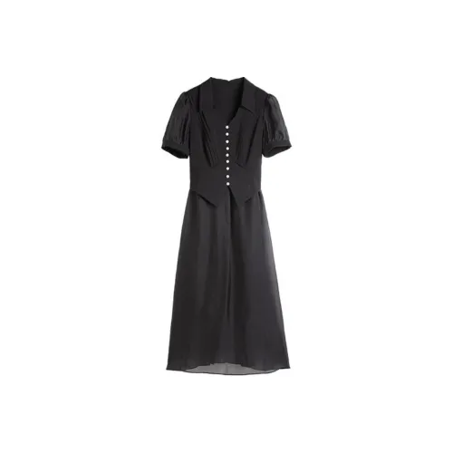 Hang Yi Court Черное Женское Короткое Платье с Рукавами