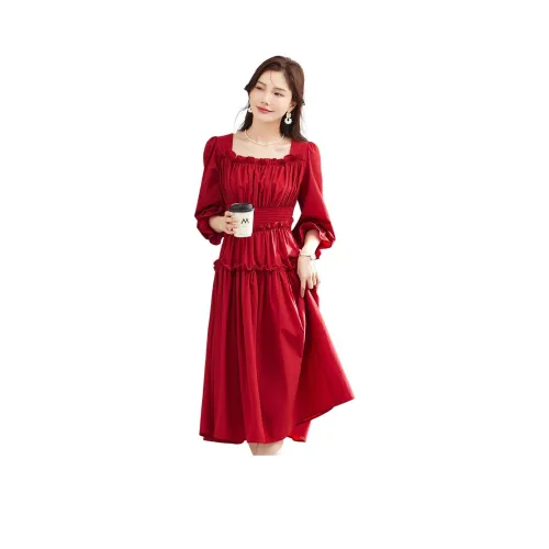 TERRE BLEUE Длинное платье с длинными рукавами женское красное