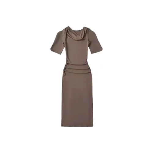 Yvetteclassic Короткий рукав Платье Женское Кофейное