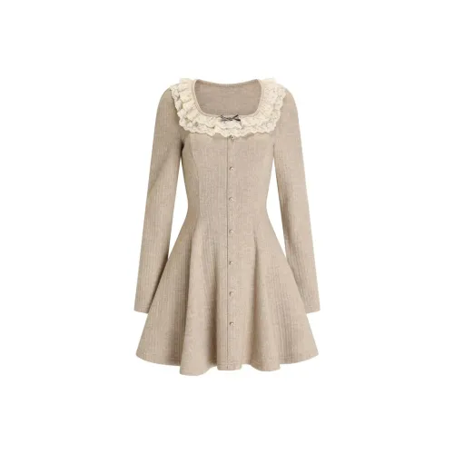 AFGGD Длинный рукав Платье Женское Молочно-чайное