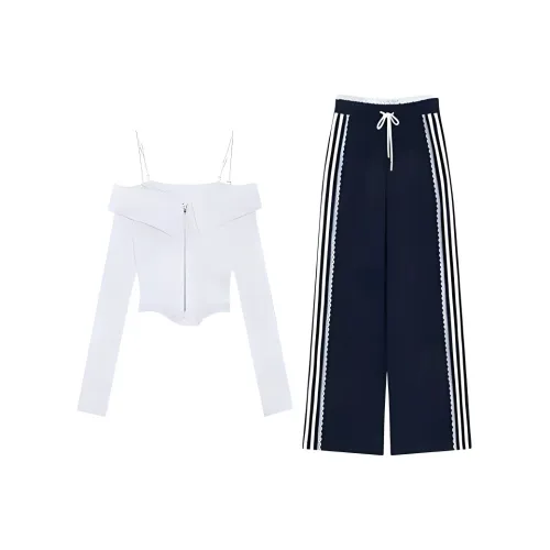 DOSOHEB Повседневный костюм Женская Белый Топ Темно-синий Синий Штаны
