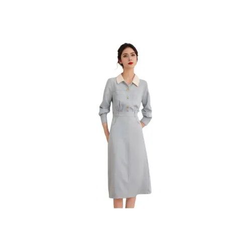 PLANE DRIFT Длинное платье с длинными рукавами женское светло-синее