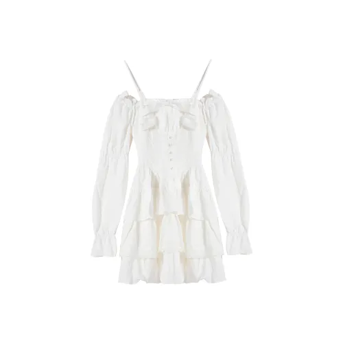 9 Кошка Лакомства для кошек Длинный Sleeved Платье Женское Белое