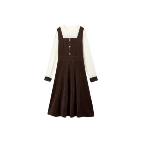 EICHITOO Длинное платье с длинными рукавами женское темно-коричневого цвета с отделкой