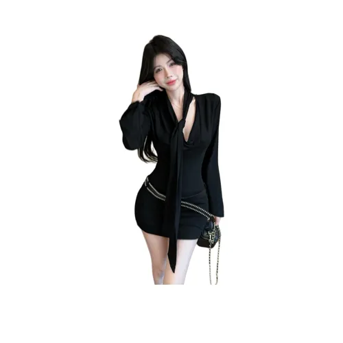 FLIM Длинный рукав Платье Женское Черное