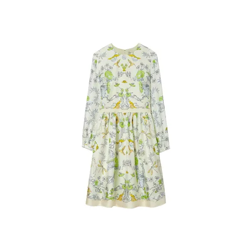 Tory Burch Бежевая клетка Полевой зеленый Женские Длинные рукава Платья