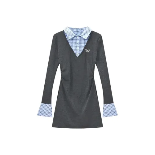 PZGE Длинное платье с длинным рукавом женское темно-серое