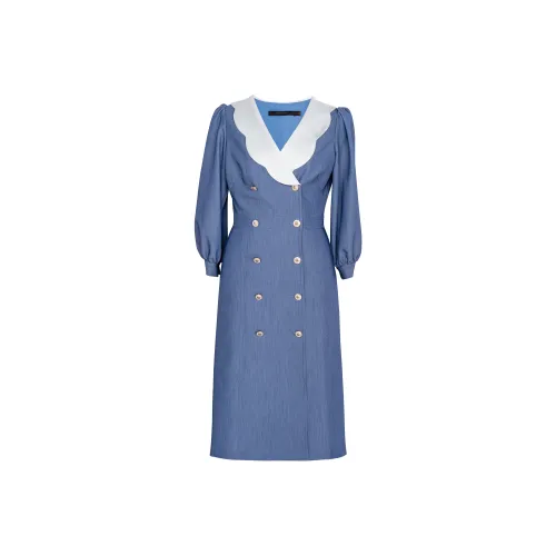 ROEYSHOUSE Длинное платье с длинными рукавами женское джинсовый синий