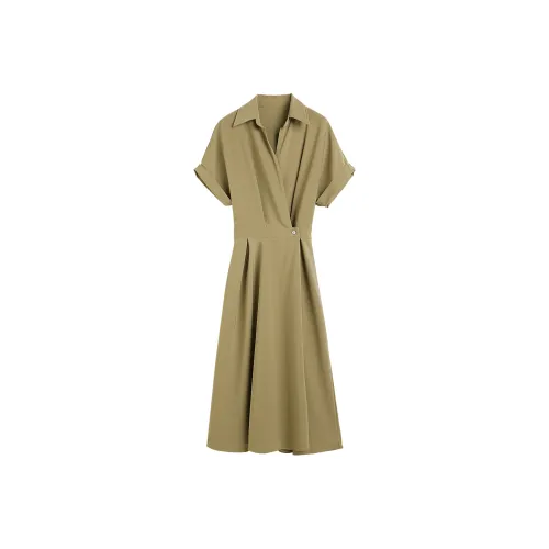 Hang Yi Court Короткий рукав платье женское армейский зеленый