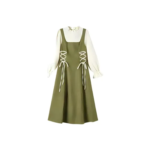 DOSOHEB Длинное платье с длинными рукавами женское зеленое