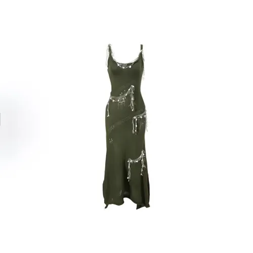 TIBINB Slip Платье Женское Винтаж Оливково-зеленый