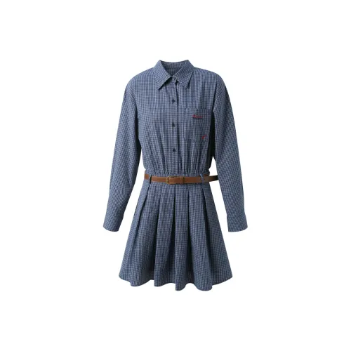 3COLOUR Длинное платье с длинными рукавами женское темно-синяя клетка