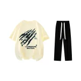 Комплект одежды (Бежевая Желтая Футболка + Черные Повседневные Штаны)