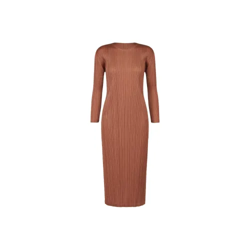 PLEATS PLEASE ISSEY MIYAKE Длинное платье с длинными рукавами женское медный коричневый
