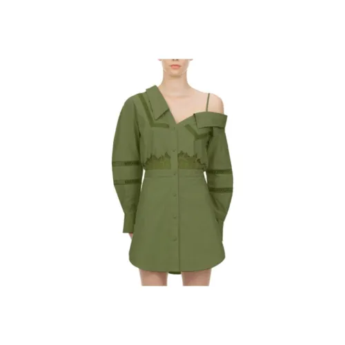 Self Портрет Длинное Платье с Длинными Рукавами Женское Хаки Зеленый
