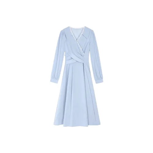 ALXNAN Длинное платье с длинными рукавами женское синее