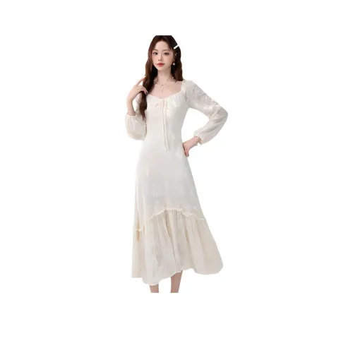 ZCDECO Длинное платье с длинными рукавами женское абрикосового цвета