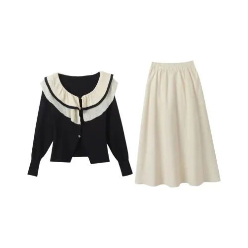 Черный [Свитер+Юбка] Женские Длинные Рукава Платья