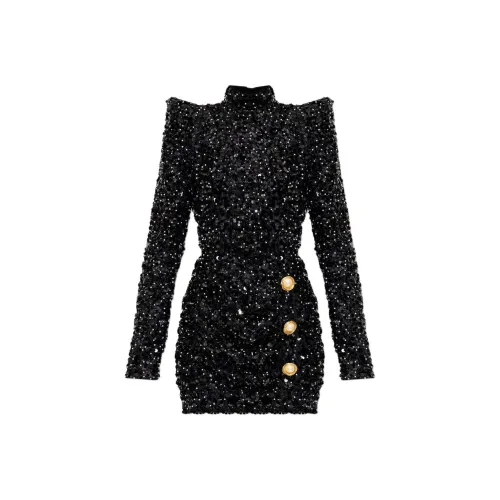 BALMAIN Длинное платье с длинными рукавами женское черное