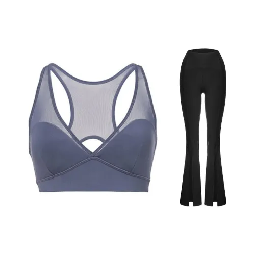 Sumday Athletics Набор Темно-фиолетовый Спортивный Бюстгальтер + Черные Брюки Женские Фитнес-комплекты